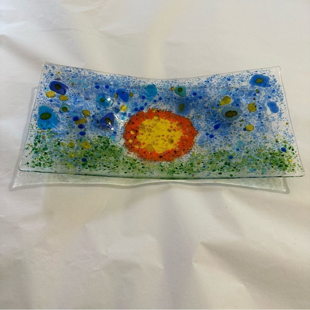 Fused glass studio art glass rectangular curved tray dish 11.5” x 5.5” approx.